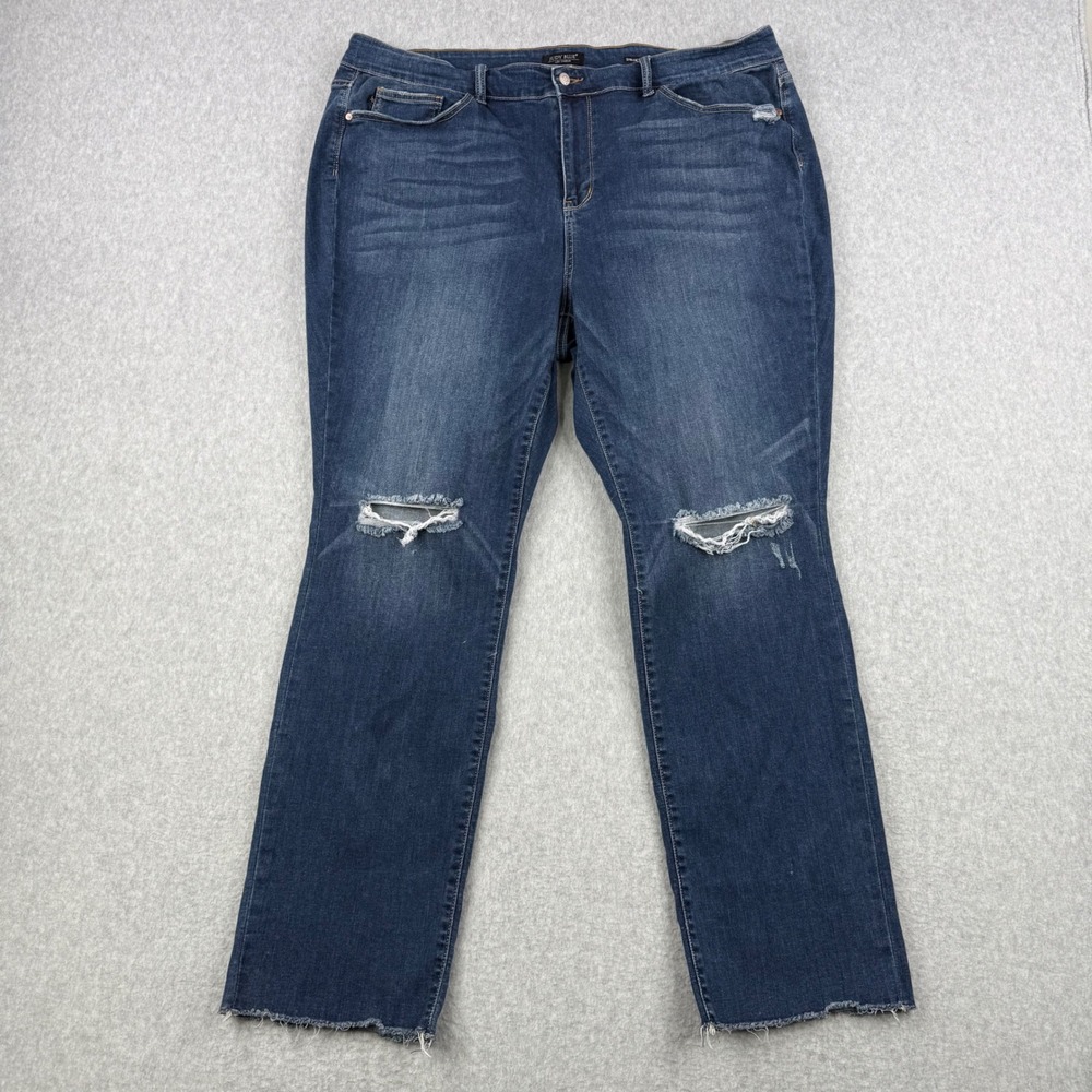 Judy Blue Jeans Womens 24W Plus Blue Straight Fit Distressed Raw Hem Denim